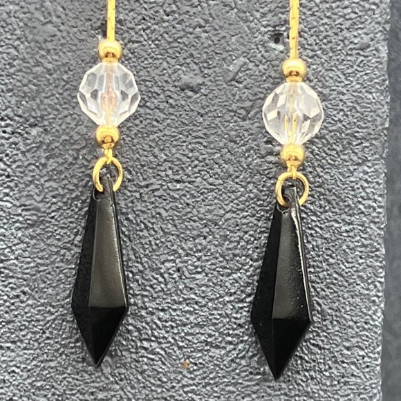 Long Dangle Pierced Earrings Gold Chain Faceted Crystal Black Diamond Drop - Picture 2 of 5